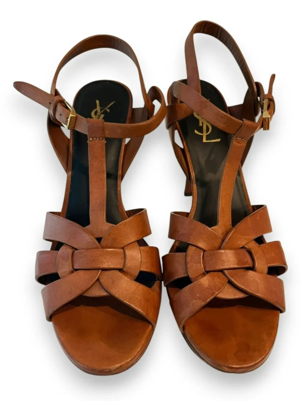 Saint Laurent Tribute 105 Cognac Leather Platform Sandals Heels